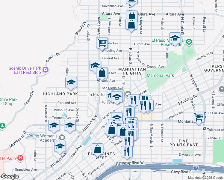 map of restaurants, bars, coffee shops, grocery stores, and more near 2716 San Diego Avenue in El Paso