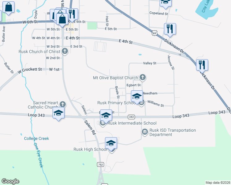 map of restaurants, bars, coffee shops, grocery stores, and more near 111 Foreman Street in Rusk