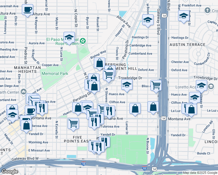 map of restaurants, bars, coffee shops, grocery stores, and more near 3806 Texas 478 Loop in El Paso