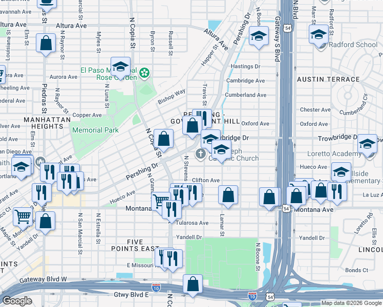 map of restaurants, bars, coffee shops, grocery stores, and more near 3806 Texas 478 Loop in El Paso
