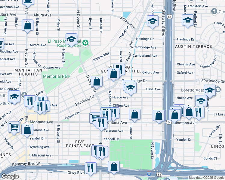 map of restaurants, bars, coffee shops, grocery stores, and more near 3806 Texas 478 Loop in El Paso