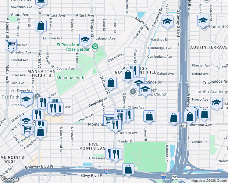 map of restaurants, bars, coffee shops, grocery stores, and more near 3631 Pershing Drive in El Paso