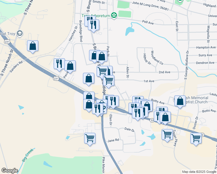 map of restaurants, bars, coffee shops, grocery stores, and more near 106-198 Corley St in Troy