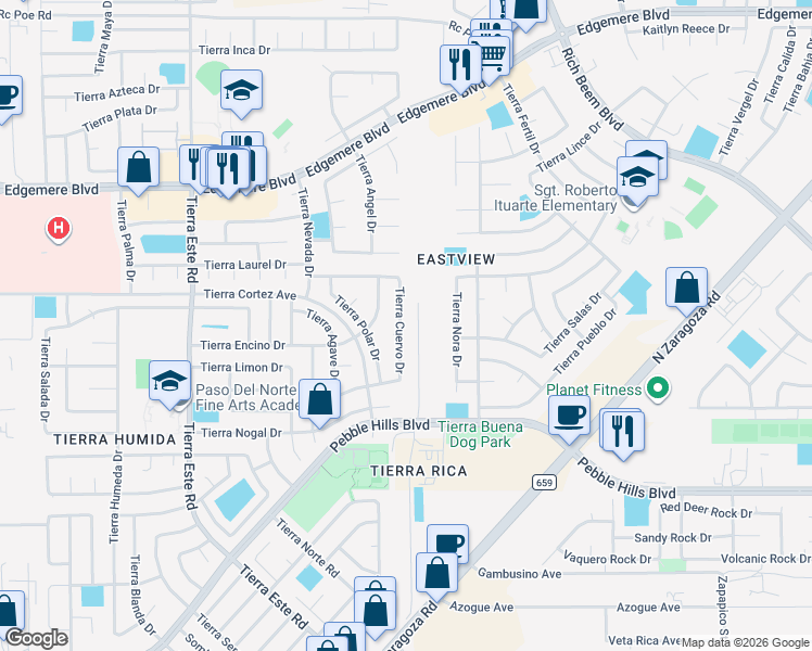 map of restaurants, bars, coffee shops, grocery stores, and more near 3100 Tierra Cuervo Drive in El Paso