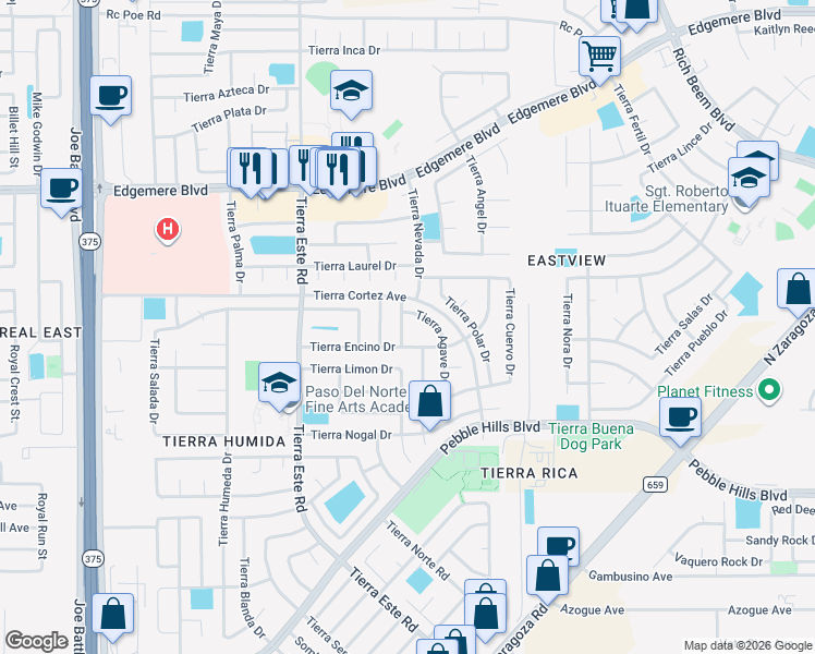 map of restaurants, bars, coffee shops, grocery stores, and more near 3120 Tierra Tuna Drive in El Paso