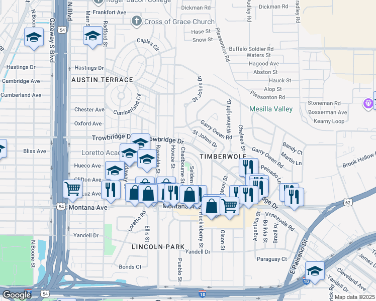 map of restaurants, bars, coffee shops, grocery stores, and more near 1242 Huckleberry Street in El Paso