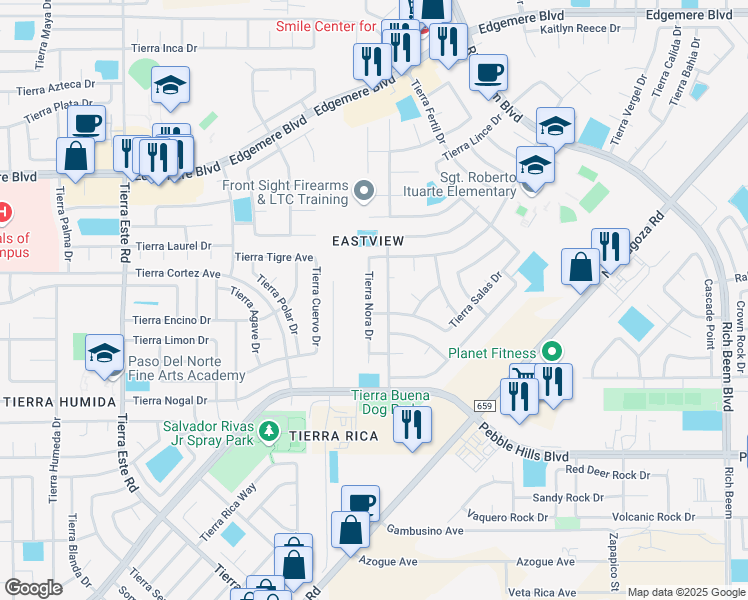 map of restaurants, bars, coffee shops, grocery stores, and more near 3117 Tierra Nora in El Paso