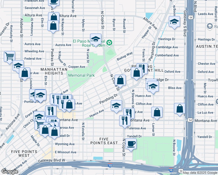 map of restaurants, bars, coffee shops, grocery stores, and more near 1410 North Grama Street in El Paso