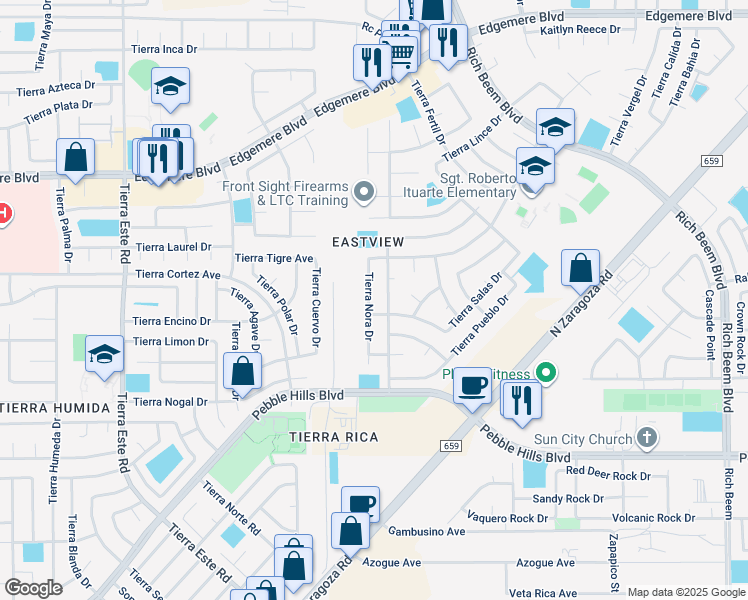 map of restaurants, bars, coffee shops, grocery stores, and more near 3117 Tierra Nora in El Paso