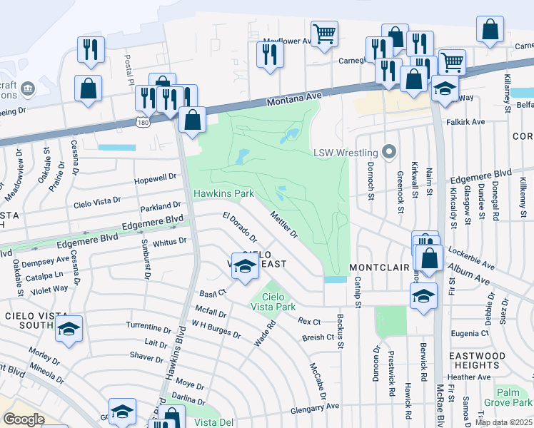 map of restaurants, bars, coffee shops, grocery stores, and more near 8916 Mettler Drive in El Paso