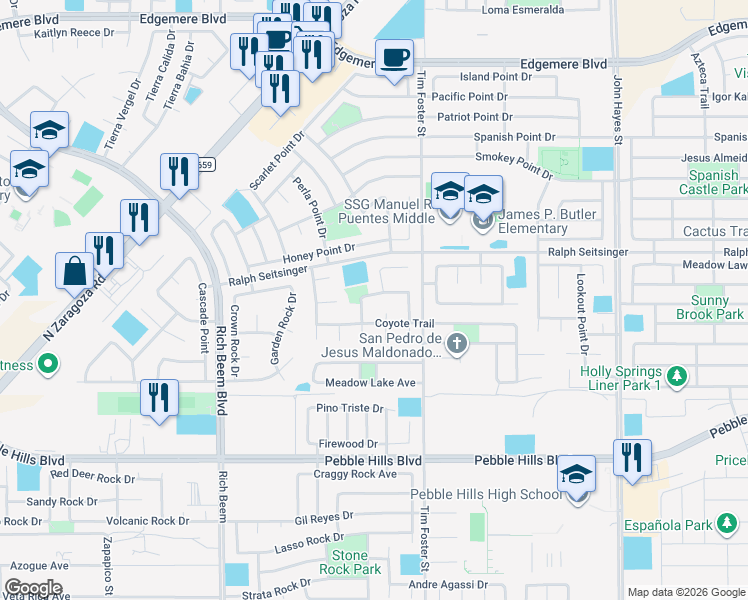 map of restaurants, bars, coffee shops, grocery stores, and more near 3128 Coyote Park Drive in El Paso