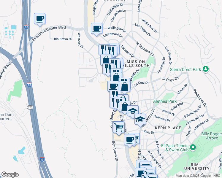 map of restaurants, bars, coffee shops, grocery stores, and more near 3917 North Mesa Street in El Paso