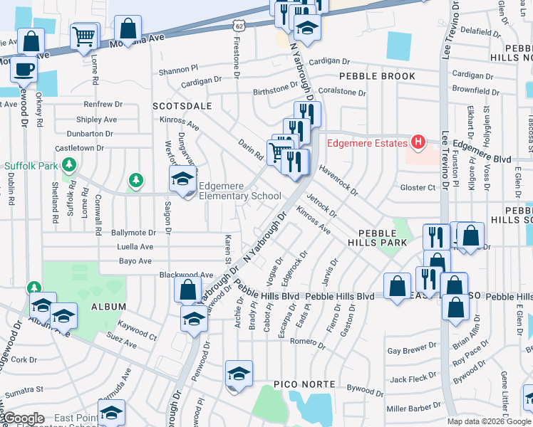 map of restaurants, bars, coffee shops, grocery stores, and more near 3230 Isla Banderas Way in El Paso