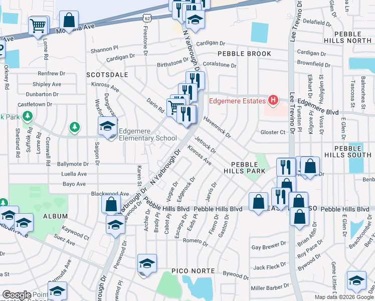 map of restaurants, bars, coffee shops, grocery stores, and more near 10604 Kinross Avenue in El Paso