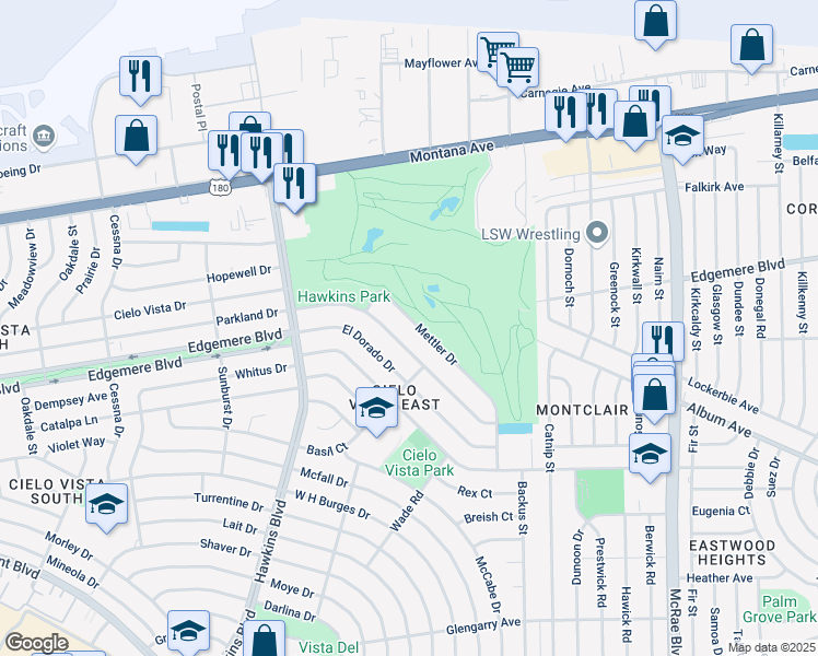 map of restaurants, bars, coffee shops, grocery stores, and more near 8916 Mettler Drive in El Paso