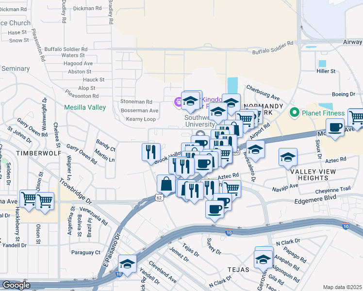 map of restaurants, bars, coffee shops, grocery stores, and more near 6027 Brook Hollow Drive in El Paso