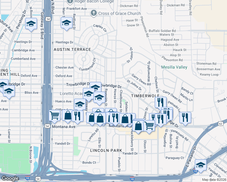 map of restaurants, bars, coffee shops, grocery stores, and more near 1408 Raynolds Street in El Paso