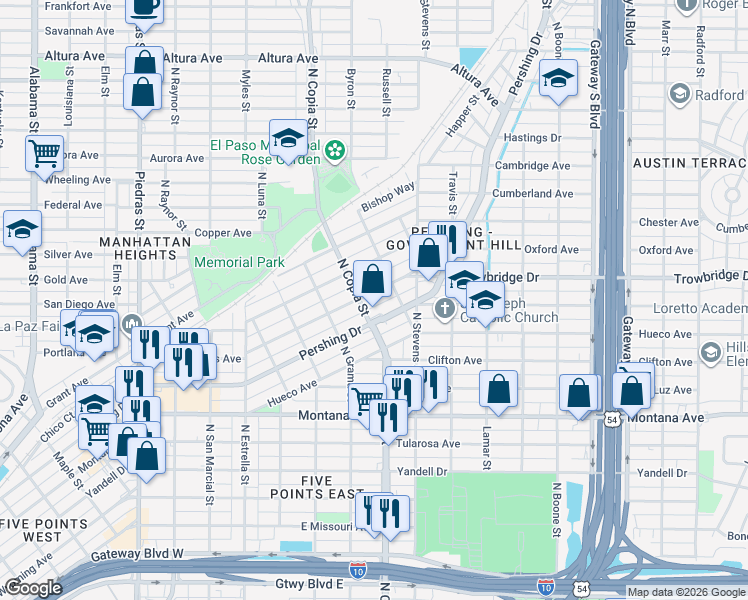 map of restaurants, bars, coffee shops, grocery stores, and more near 3531 North Copia Street in El Paso