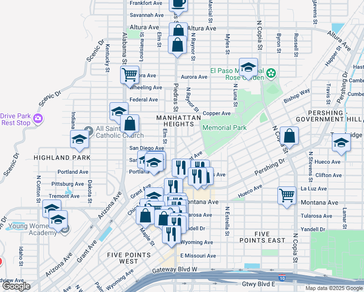 map of restaurants, bars, coffee shops, grocery stores, and more near 2931 San Diego Avenue in El Paso