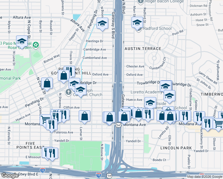 map of restaurants, bars, coffee shops, grocery stores, and more near 4131 Bliss Avenue in El Paso
