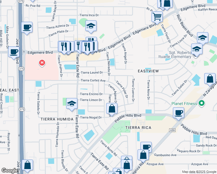 map of restaurants, bars, coffee shops, grocery stores, and more near 3120 Tierra Tuna Drive in El Paso