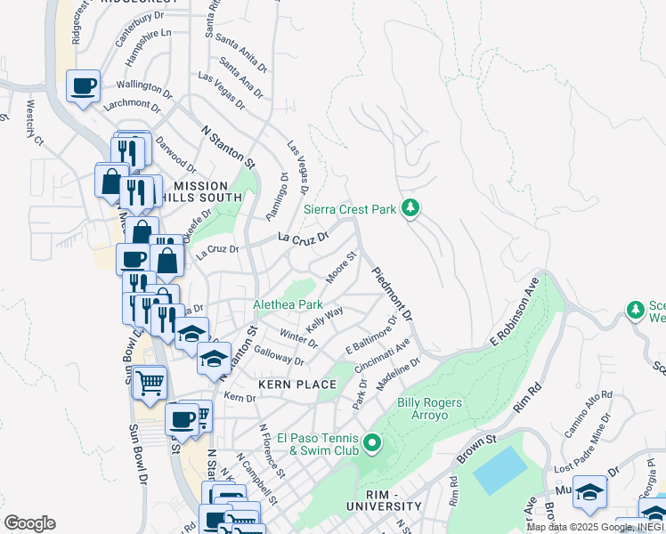 map of restaurants, bars, coffee shops, grocery stores, and more near 1109 Moore Street in El Paso