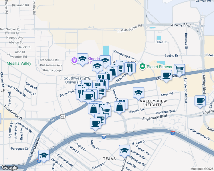 map of restaurants, bars, coffee shops, grocery stores, and more near 6211 Montana Avenue in El Paso