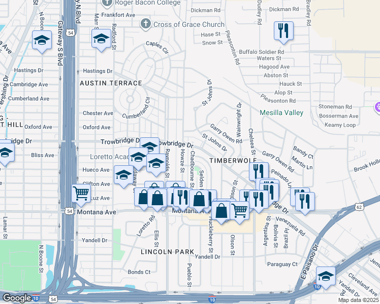 map of restaurants, bars, coffee shops, grocery stores, and more near 1315 Chadbourne Street in El Paso