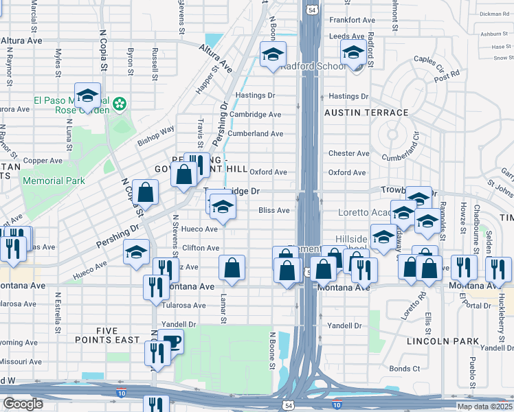 map of restaurants, bars, coffee shops, grocery stores, and more near 4011 Bliss Avenue in El Paso