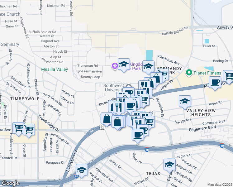map of restaurants, bars, coffee shops, grocery stores, and more near 6027 Brook Hollow Drive in El Paso