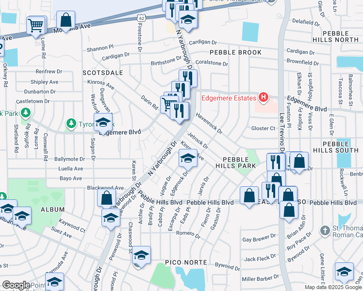 map of restaurants, bars, coffee shops, grocery stores, and more near 10604 Kinross Avenue in El Paso