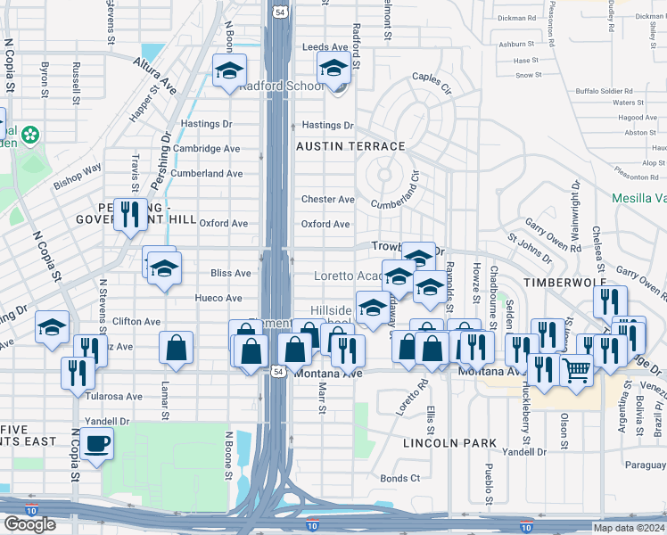 map of restaurants, bars, coffee shops, grocery stores, and more near 4407 Bliss Avenue in El Paso
