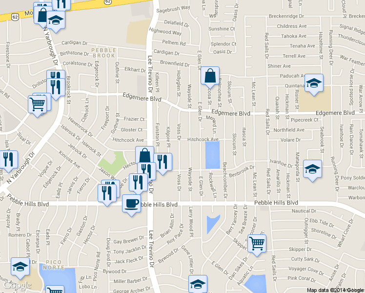 map of restaurants, bars, coffee shops, grocery stores, and more near 3236 Voss Drive in El Paso