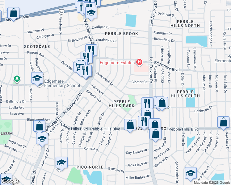 map of restaurants, bars, coffee shops, grocery stores, and more near 10722 Havenrock Drive in El Paso