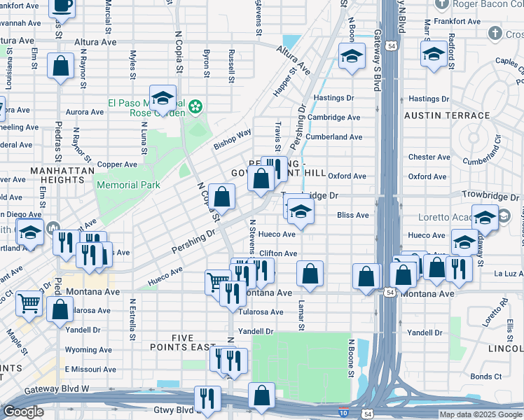 map of restaurants, bars, coffee shops, grocery stores, and more near 3806 Texas 478 Loop in El Paso