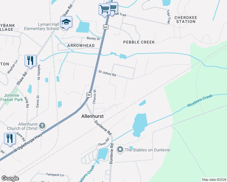 map of restaurants, bars, coffee shops, grocery stores, and more near 177 South Jefferson Street in Hinesville
