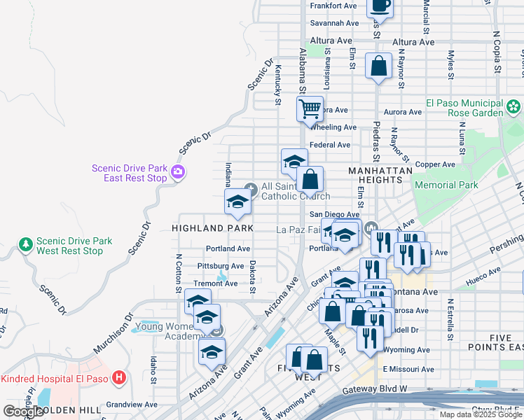 map of restaurants, bars, coffee shops, grocery stores, and more near 2409 San Diego Avenue in El Paso