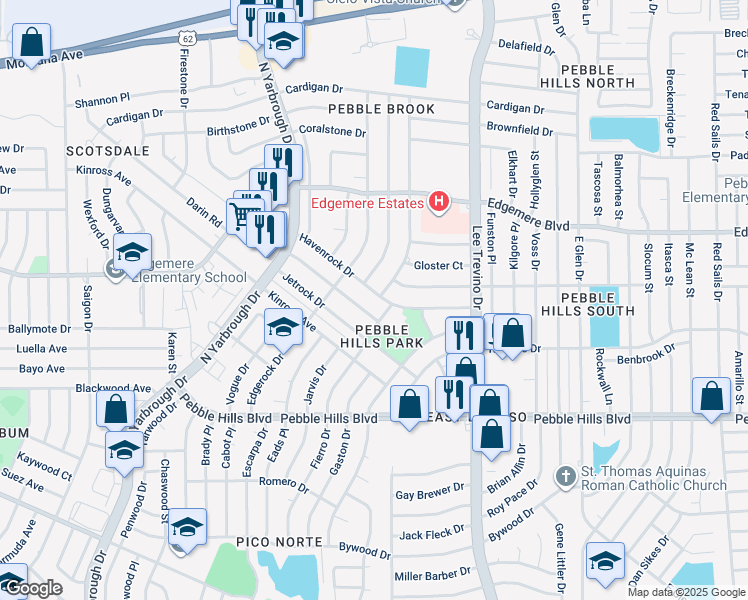 map of restaurants, bars, coffee shops, grocery stores, and more near 10722 Havenrock Drive in El Paso