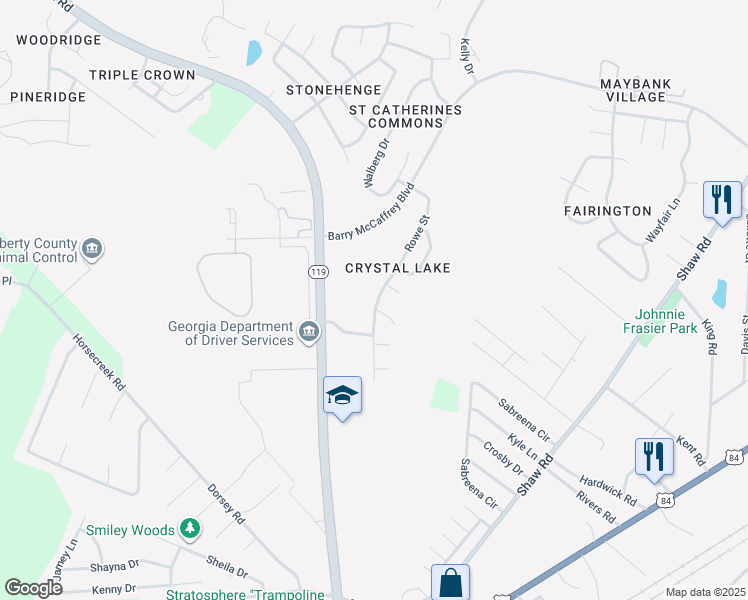 map of restaurants, bars, coffee shops, grocery stores, and more near 2348 Rowe Street in Hinesville