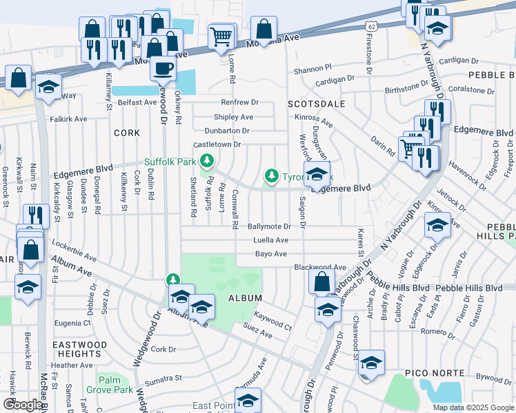 map of restaurants, bars, coffee shops, grocery stores, and more near 3209 Clyde Rd in El Paso