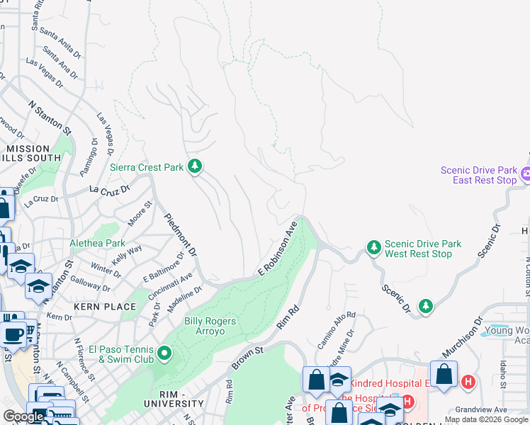 map of restaurants, bars, coffee shops, grocery stores, and more near 30 Kingery Drive in El Paso