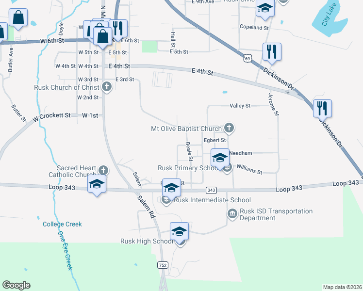 map of restaurants, bars, coffee shops, grocery stores, and more near 111 Foreman Street in Rusk