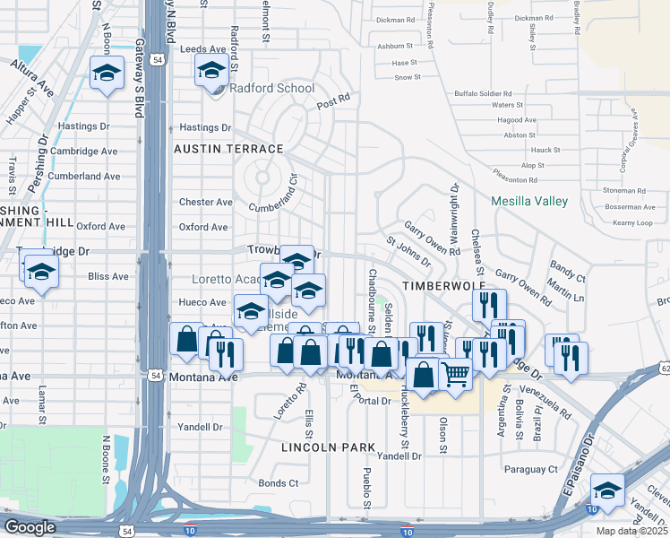 map of restaurants, bars, coffee shops, grocery stores, and more near 1408 Raynolds Street in El Paso