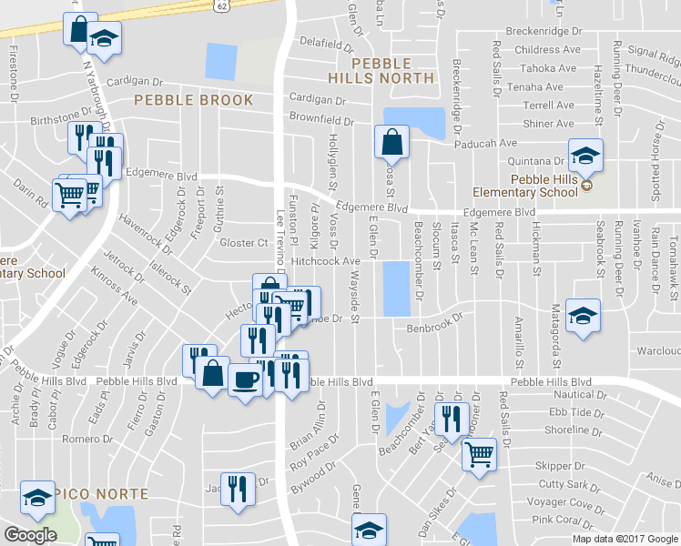 map of restaurants, bars, coffee shops, grocery stores, and more near 3236 Voss Drive in El Paso