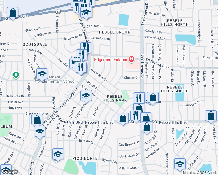 map of restaurants, bars, coffee shops, grocery stores, and more near 10722 Havenrock Drive in El Paso