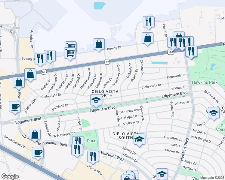 map of restaurants, bars, coffee shops, grocery stores, and more near 8021 Cielo Vista Drive in El Paso