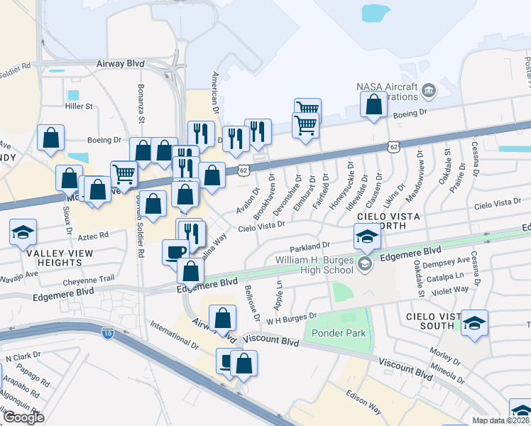 map of restaurants, bars, coffee shops, grocery stores, and more near 1216 Brookhaven Drive in El Paso