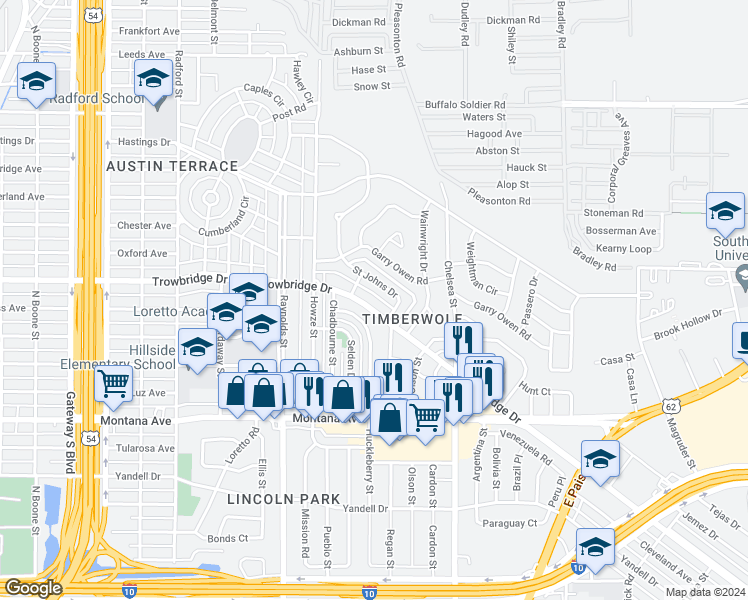 map of restaurants, bars, coffee shops, grocery stores, and more near 5112 Trowbridge Drive in El Paso