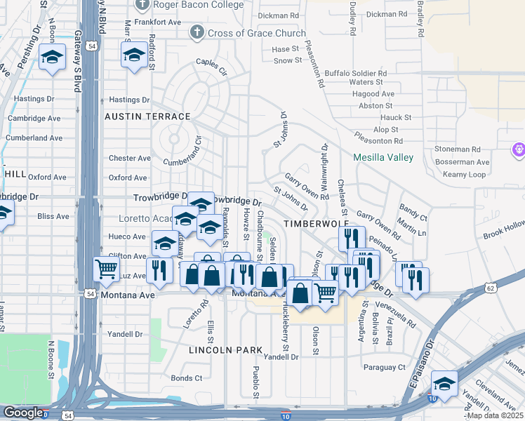 map of restaurants, bars, coffee shops, grocery stores, and more near 1315 Chadbourne Street in El Paso