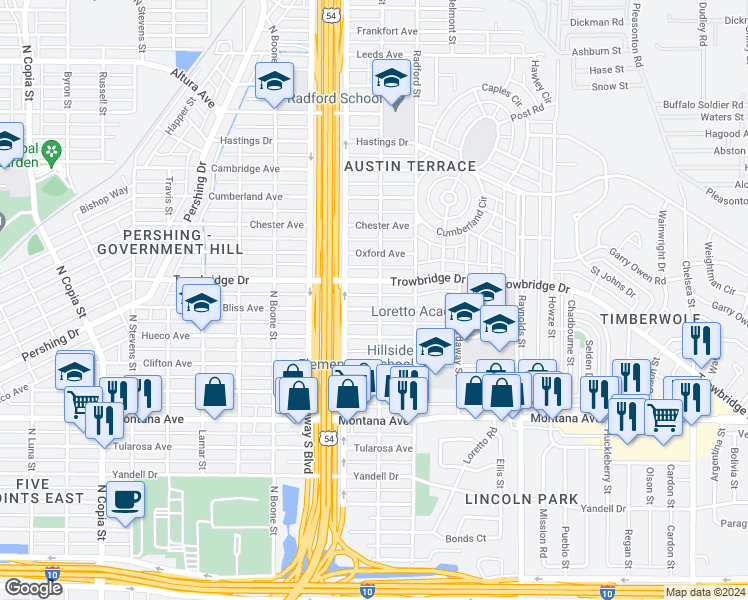 map of restaurants, bars, coffee shops, grocery stores, and more near 4407 Bliss Avenue in El Paso